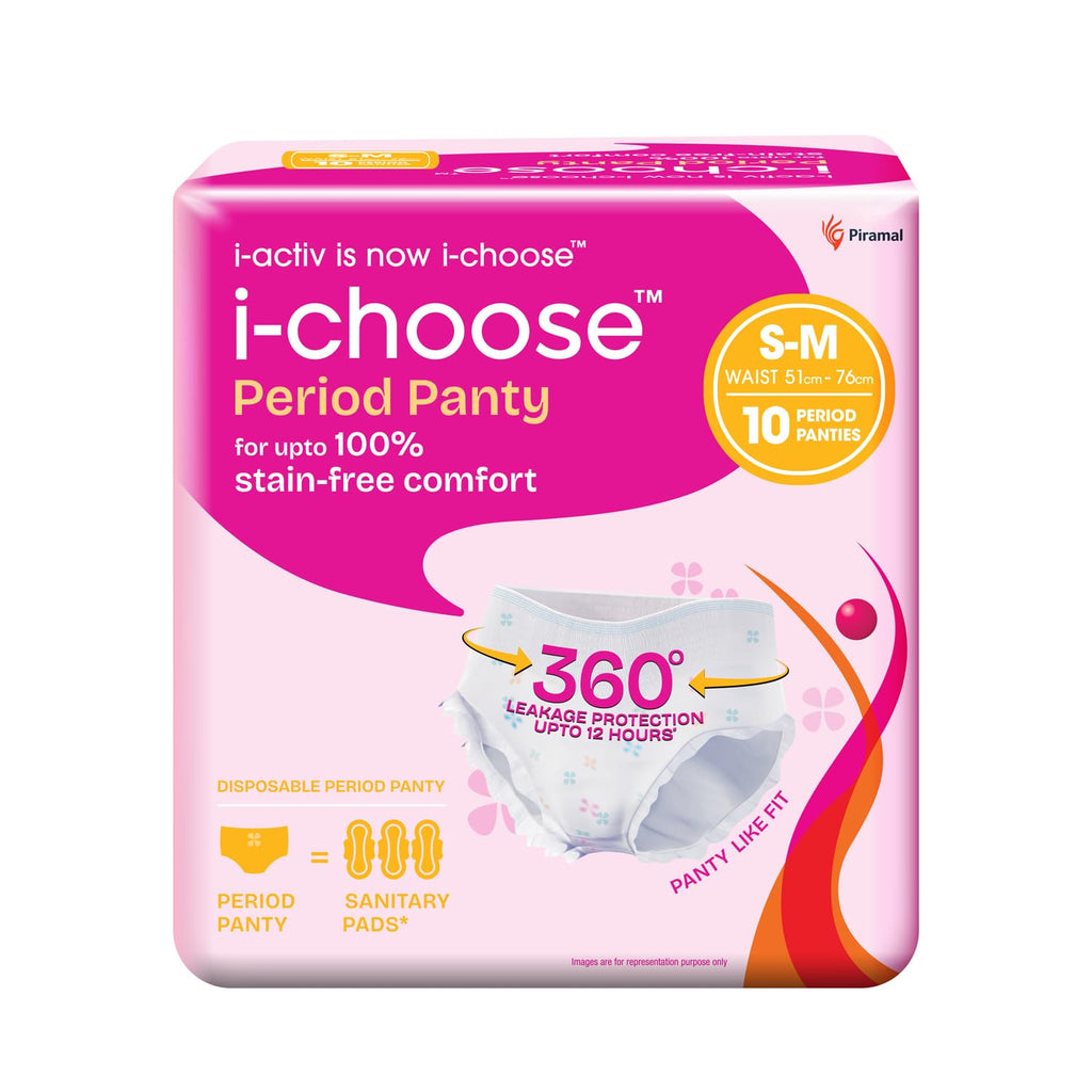 i-activ / i-choose Period Panty for Girls & Women | S-M | 10's Pack | Disposable Period Panties for Women Heavy Flow Periods | For First Periods of Young Teens | 360 Degree Protection | Waist Size - 20" to 30"