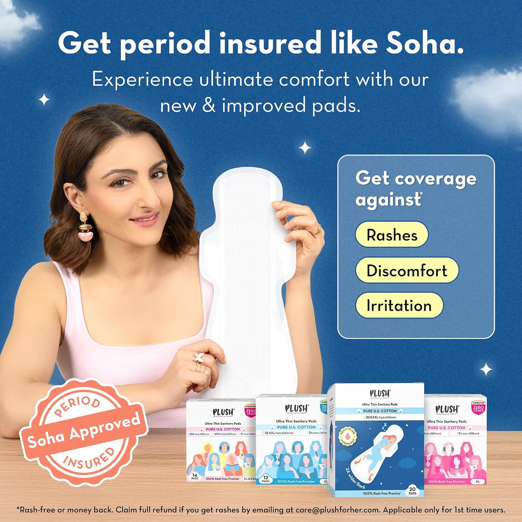 Plush Ultra-Thin 20 XXXL All Night Sanitary Pads For Women (410mm)| Super Absorbent, Heavy Flow & Rash Free | Pure U.S. Cotton Sanitary Napkins With Free Disposable Pouch | Toxin & Fragrance-free