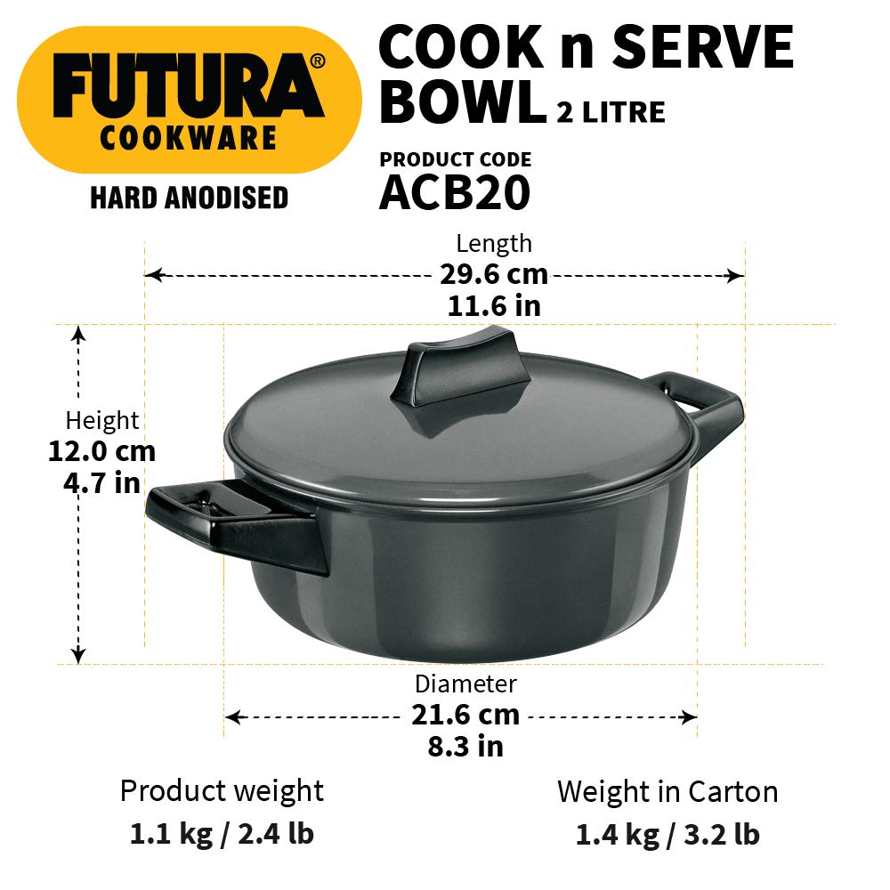 Hawkins Futura 2 Litre Cook n Serve Bowl, Hard Anodised Saucepan with Hard Anodised Lid, Sauce Pan for Cooking and Serving, Black (ACB20), Aluminium