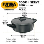 Hawkins Futura 2 Litre Cook n Serve Bowl, Hard Anodised Saucepan with Hard Anodised Lid, Sauce Pan for Cooking and Serving, Black (ACB20), Aluminium