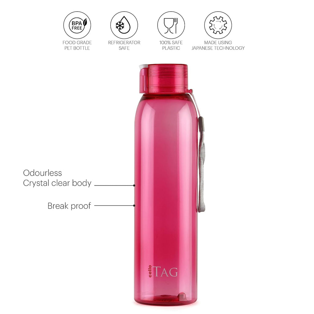 CELLO My Tag PET Water Bottle | 100% food grade | Leak proof and Break proof | Set of 3-1000ml | Pink