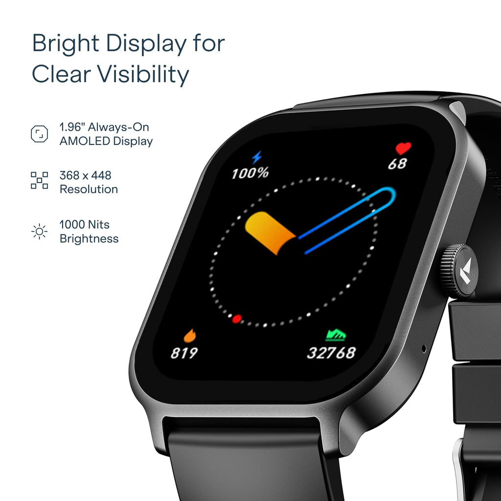 boAt Ultima Ember 2 Smartwatch, 1.96” AMOLED Display, Ultra Bright 1000 nits Brightness, AOD, Personalized Fitness Nudges, Functional Crown, 100+ Sports Mode smartwatch for Men & Women (Active Black)