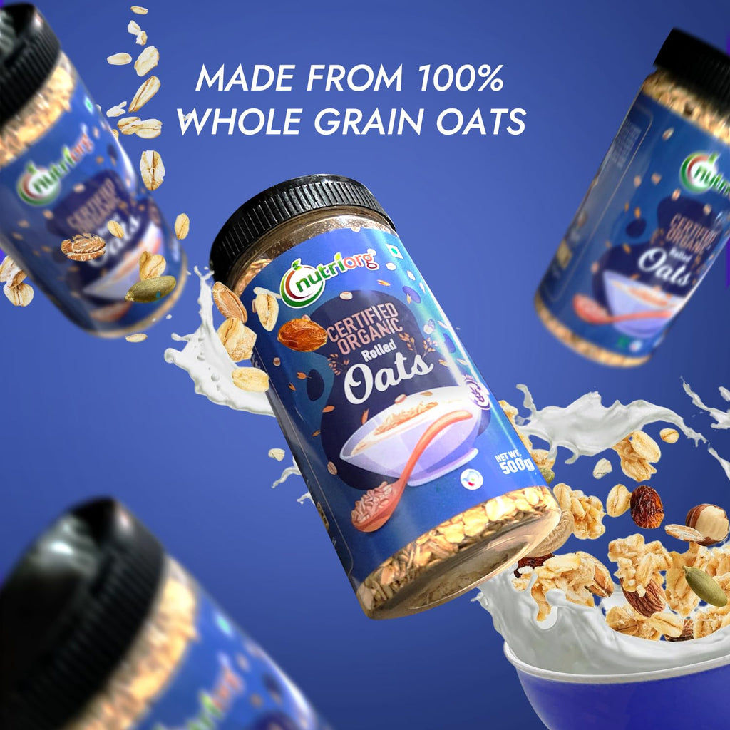 Nutriorg 100% Organic Rolled Oats 2000gm | Pack of 4 | Gluten Free | High protein | Weight loss | Fibre Rich | Easy to Cook | Overnight Oats | Nutritional Breakfast Cereal Oats | Air Tight Plastic Jars