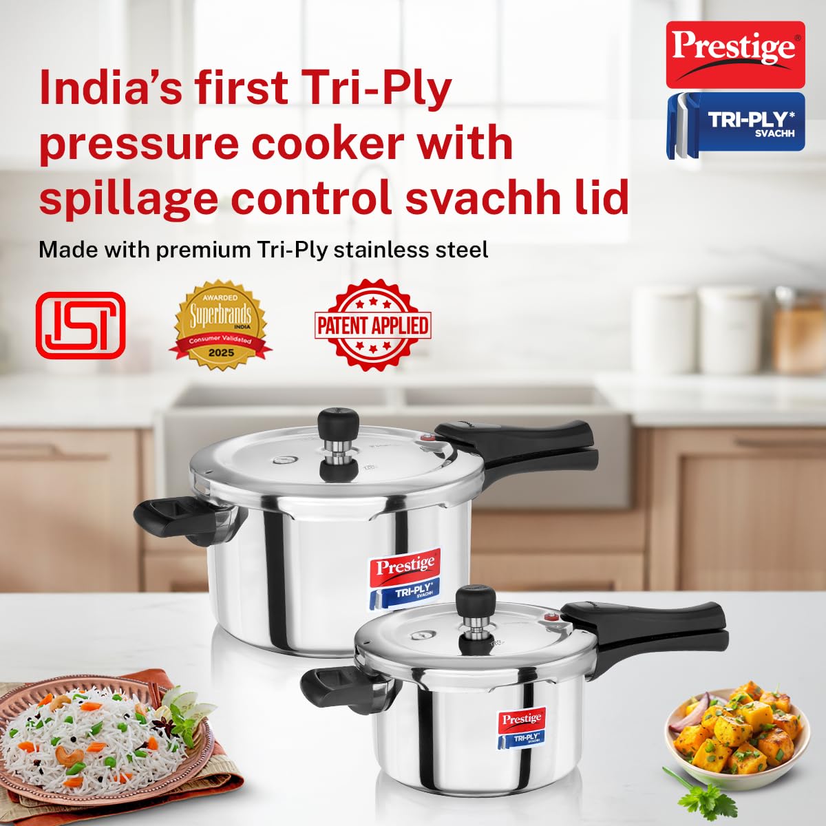 Prestige 5L+3L Triply Svachh Outer Lid Pressure Cooker Combi with 2 Lids|Gas & Induction Compatible|Deep lid for spillage control|Triply body for even heat distribution|5 Years Warranty|ISI Certified