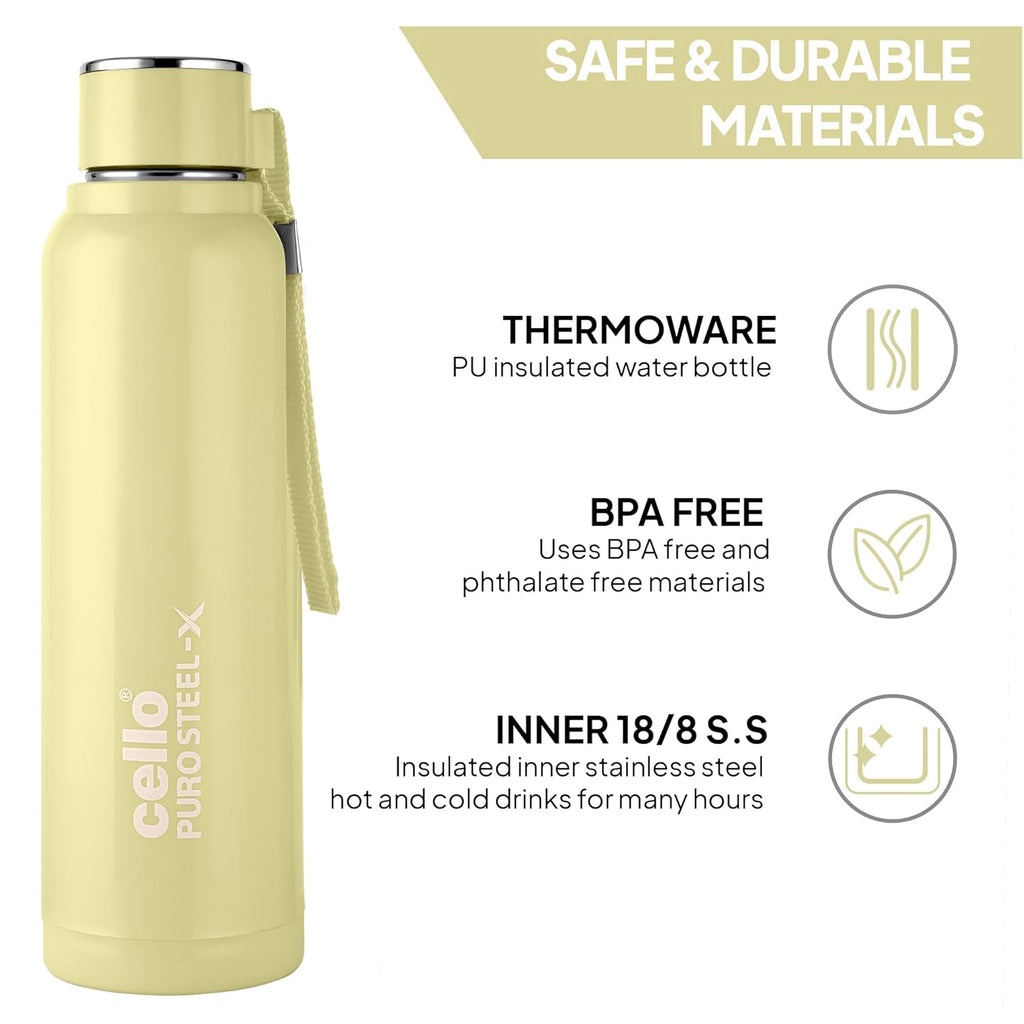 Cello Puro Steel-X Benz 900 PU Insulated Water Bottle 650 ml Green | BPA Free, Leakproof, ISI Certified |Hot & Cold Bottle for Gym, Office, College, Travel, Camping, Indoor & Outdoor Sports & Yoga
