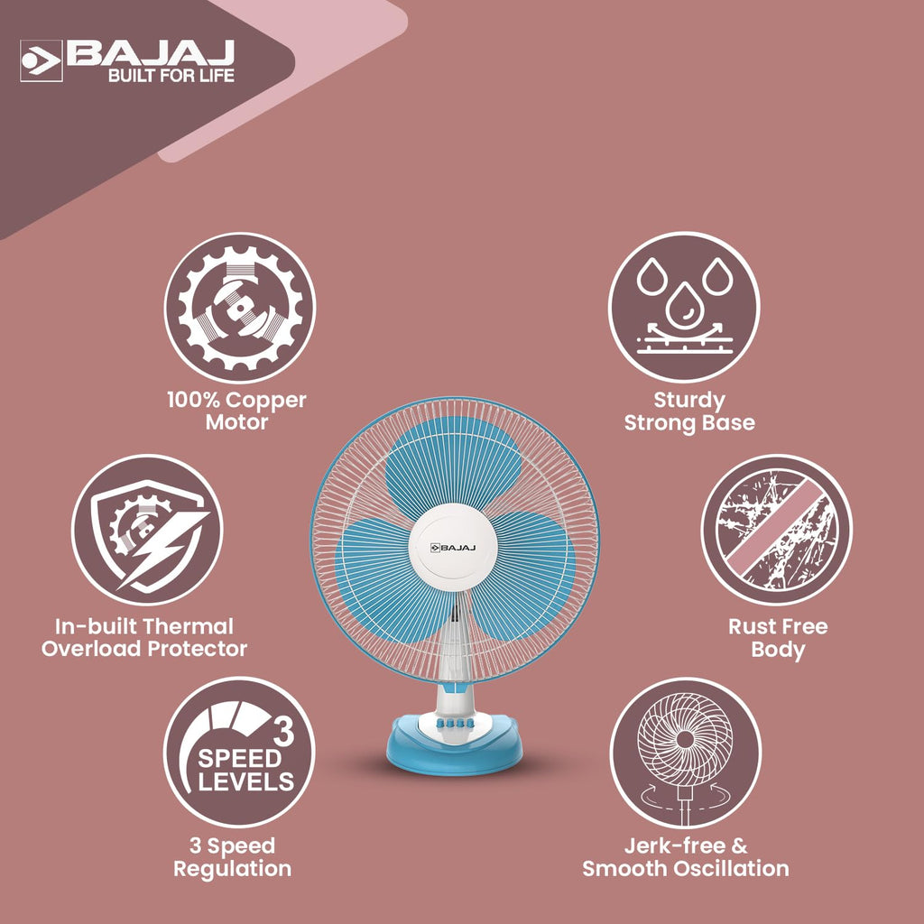 Bajaj Frore Neo Table Fan 400 MM | Table fans for Home & Office |Aerodynamically Balanced Blades| 100% CopperMotor| HighAir Delivery|3-Speed Control| 2-Yr Warranty 【Blue】