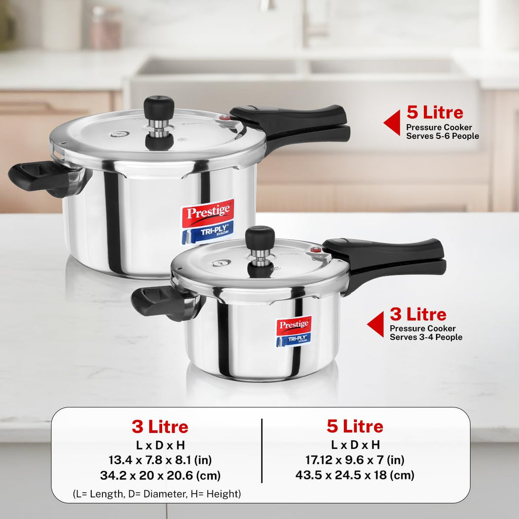 Prestige 5L+3L Triply Svachh Outer Lid Pressure Cooker Combi with 2 Lids|Gas & Induction Compatible|Deep lid for spillage control|Triply body for even heat distribution|5 Years Warranty|ISI Certified