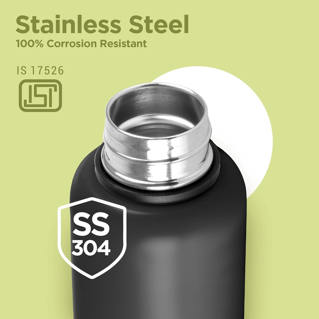 Milton Aura 1000 Thermosteel Water Bottle, 24 Hr Hot and Cold I Leak Proof Lid, ISI Certified I Vacuum Insulated I for Office, Gym, School I Black