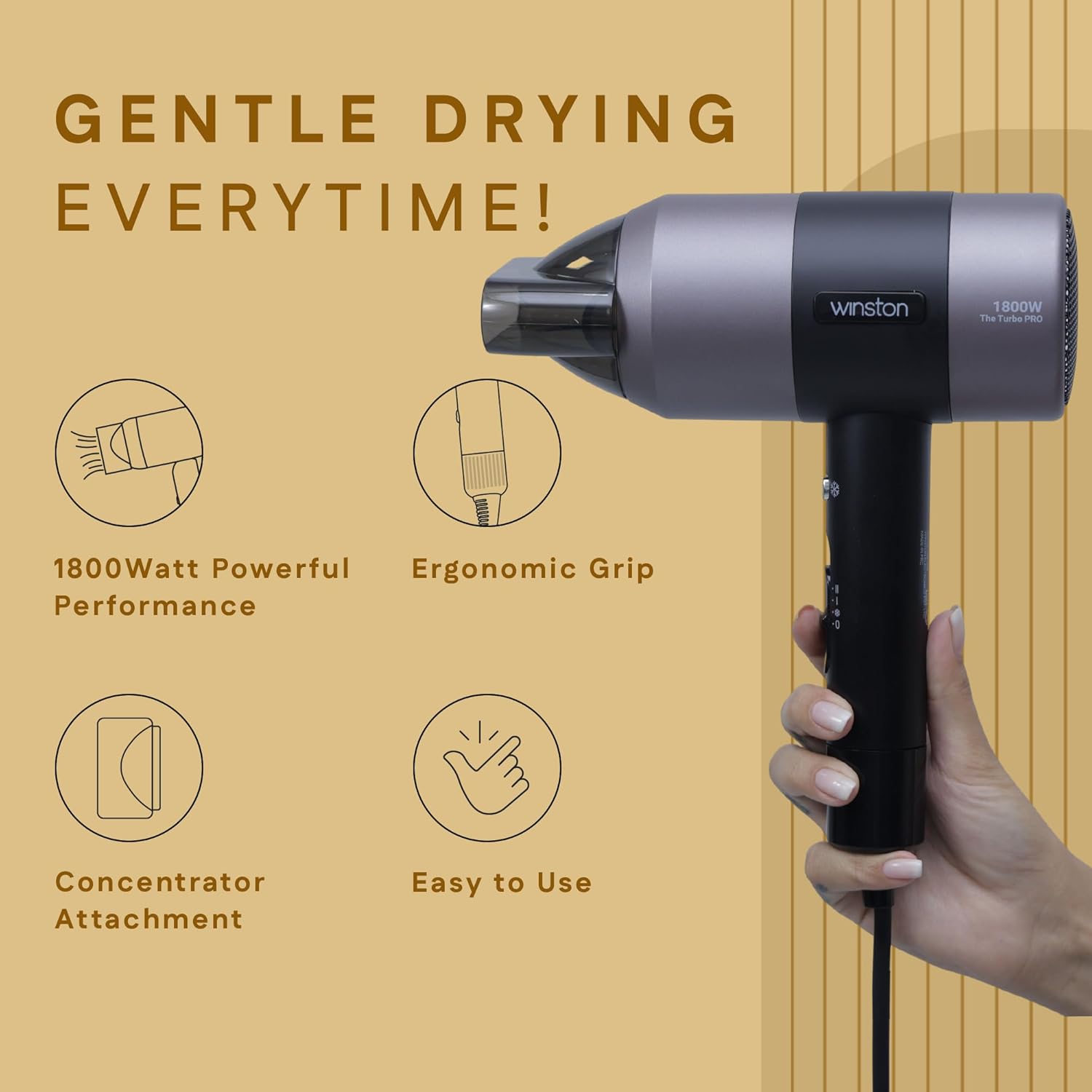 WINSTON Turbo Pro Hair Dryer - 1800W | Quick Drying Blow Dryer with Low Noise, Cool Shot & Overheat Protection - 1 Year Warranty (Black)