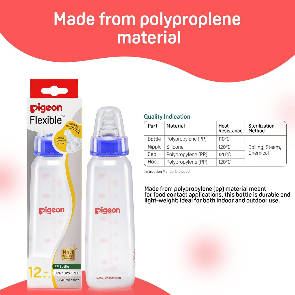 Pigeon Flexible Baby Feeding Bottle | Japan's No.1 Brand | Ideal for 12+ Month Babies | BPA Free| BPS Free | Uniquely Designed Nipple Releases Milk only When Baby Drinks | Blue Colour | 240 ml