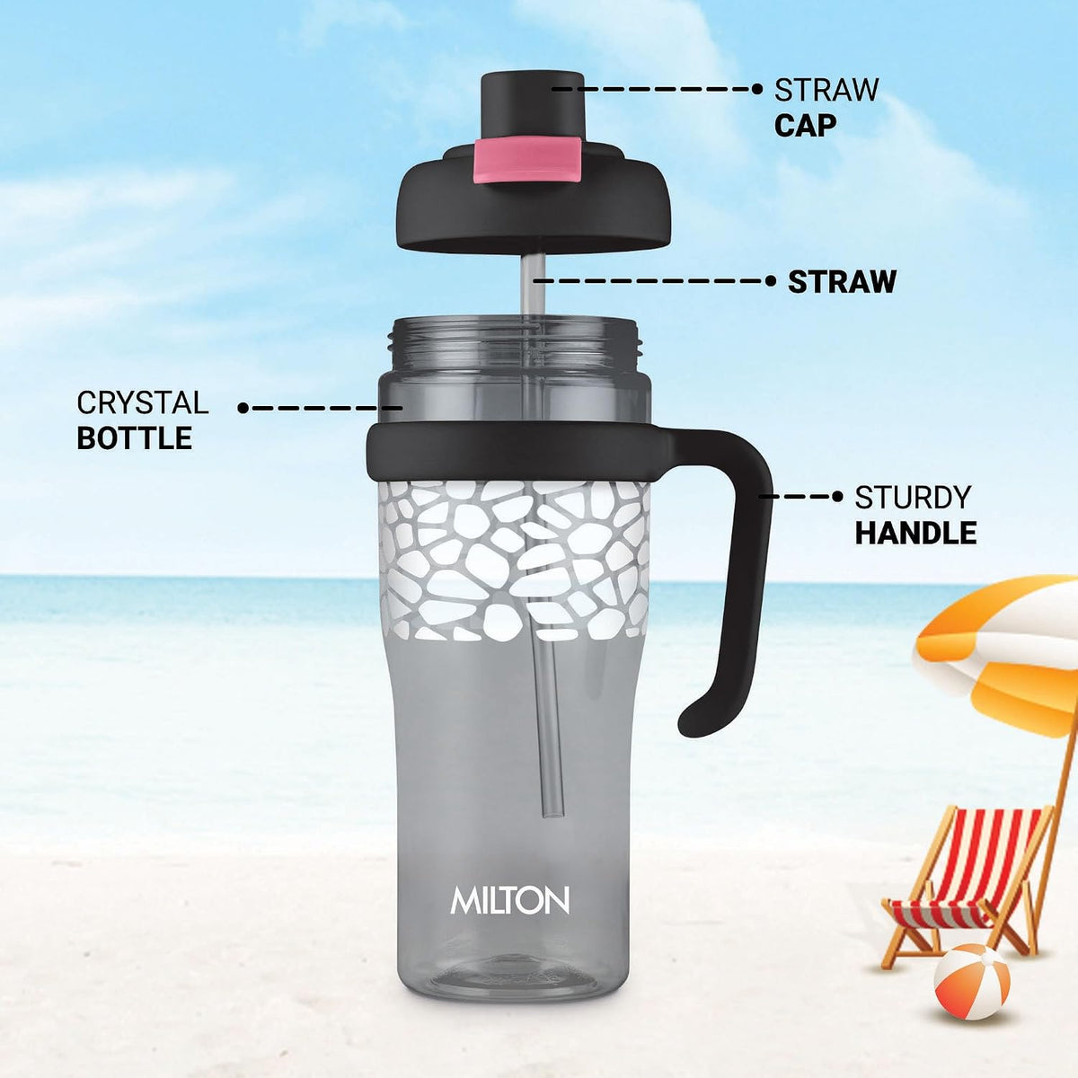 MILTON Champion 1250 2-in-1 Sip or Gulp Lid Tumbler 1.21L | Tritan Plastic Water Bottle with Handle | Leak-Proof, BPA-Free | Perfect for School, Gym, Office, Travel Bottle for Men and Women, Black