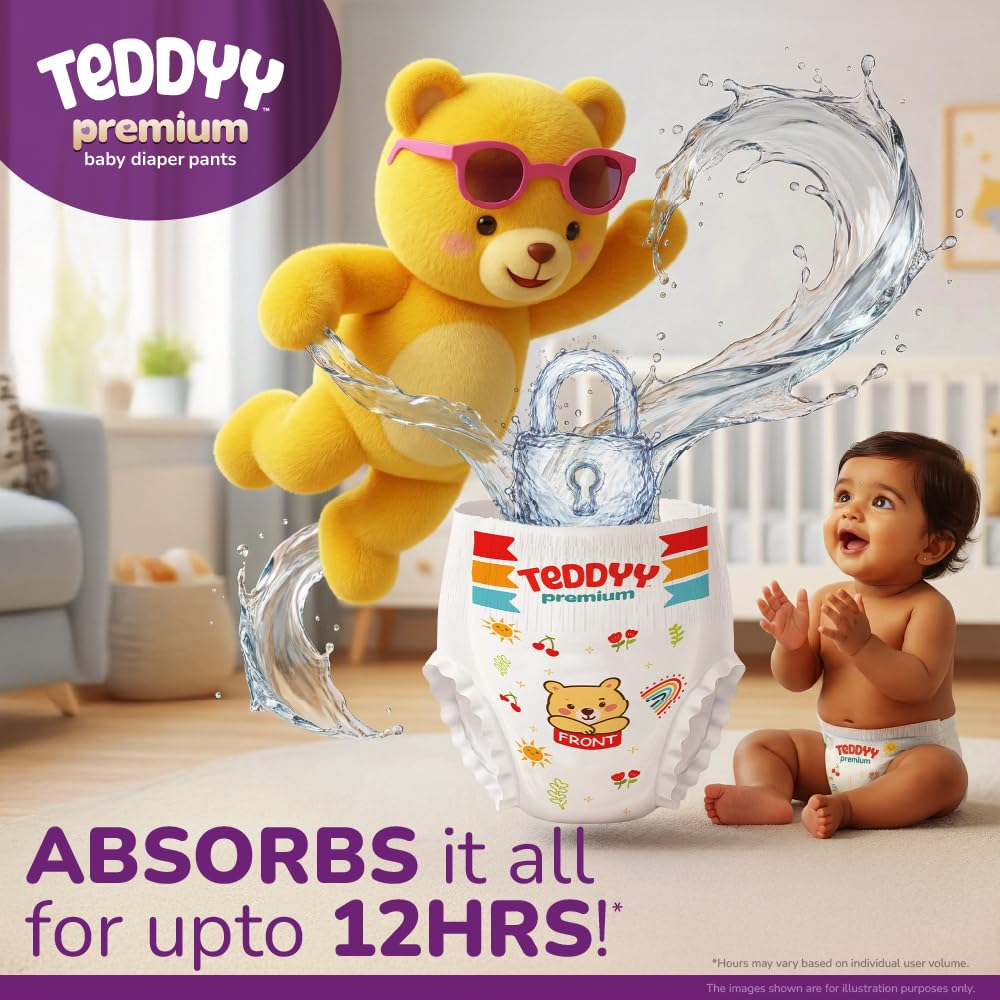 Teddyy Premium Baby Diapers S Size, Pant Style | Small (4-8 kg), 42 Pants | Butter Soft Feel | Anti-Rash with Aloe Vera &12 Hours Dryness Lock