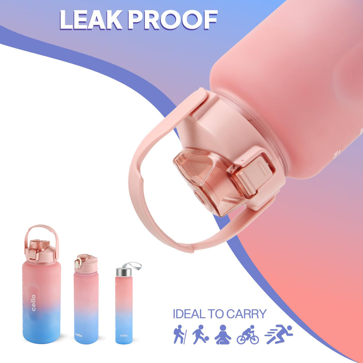 CELLO All Day Set of 3 Pieces Water Bottles Daily Use, Pink (310ml, 790ml, 2085ml) | BPA Free Leakproof Lightweight Easy to Carry Different Sizes Water Bottle For School, Workout, Gym & Office
