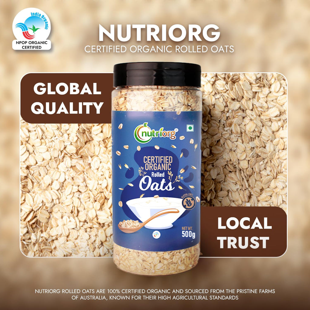 Nutriorg 100% Organic Rolled Oats 2000gm | Pack of 4 | Gluten Free | High protein | Weight loss | Fibre Rich | Easy to Cook | Overnight Oats | Nutritional Breakfast Cereal Oats | Air Tight Plastic Jars