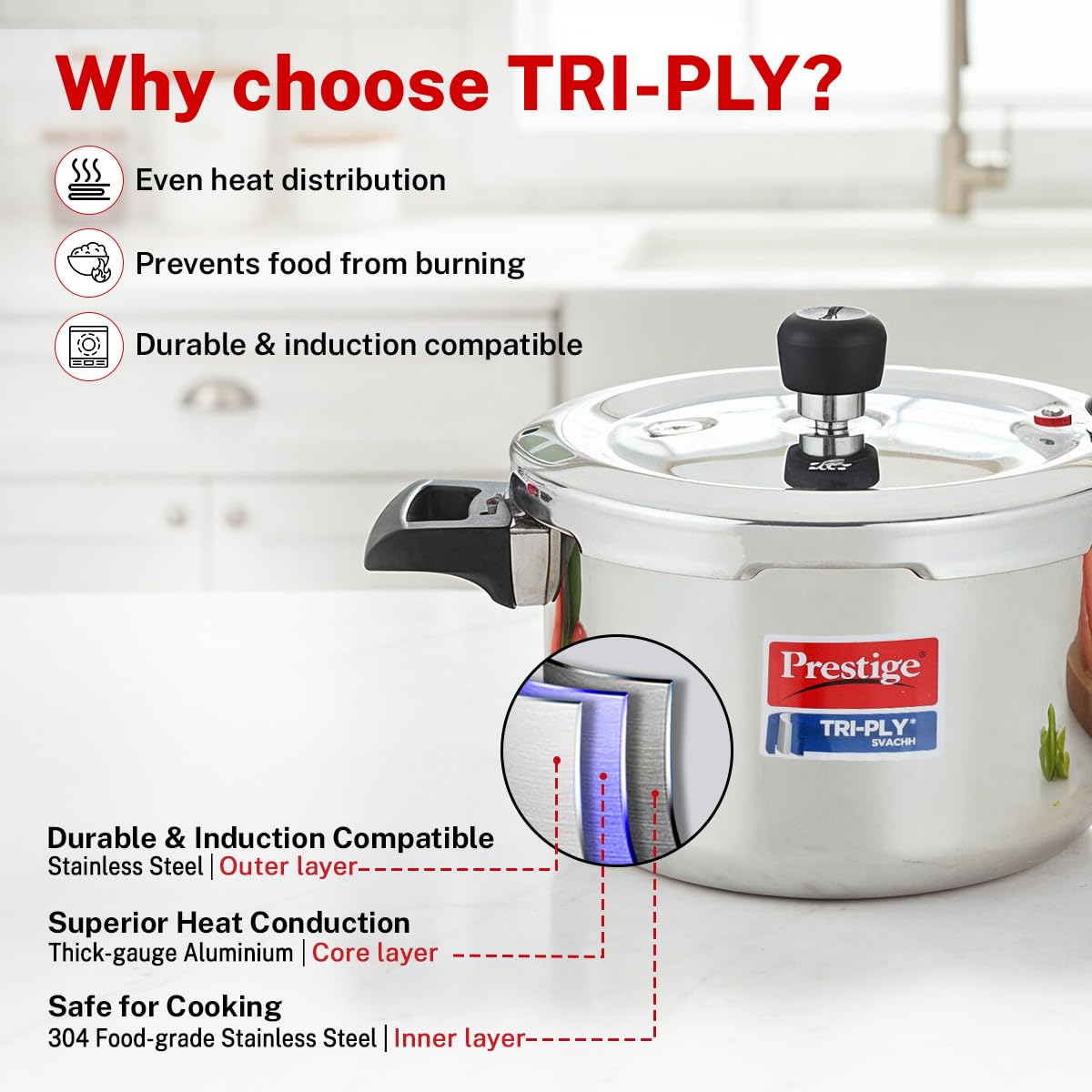 Prestige 5L+3L Triply Svachh Outer Lid Pressure Cooker Combi with 2 Lids|Gas & Induction Compatible|Deep lid for spillage control|Triply body for even heat distribution|5 Years Warranty|ISI Certified