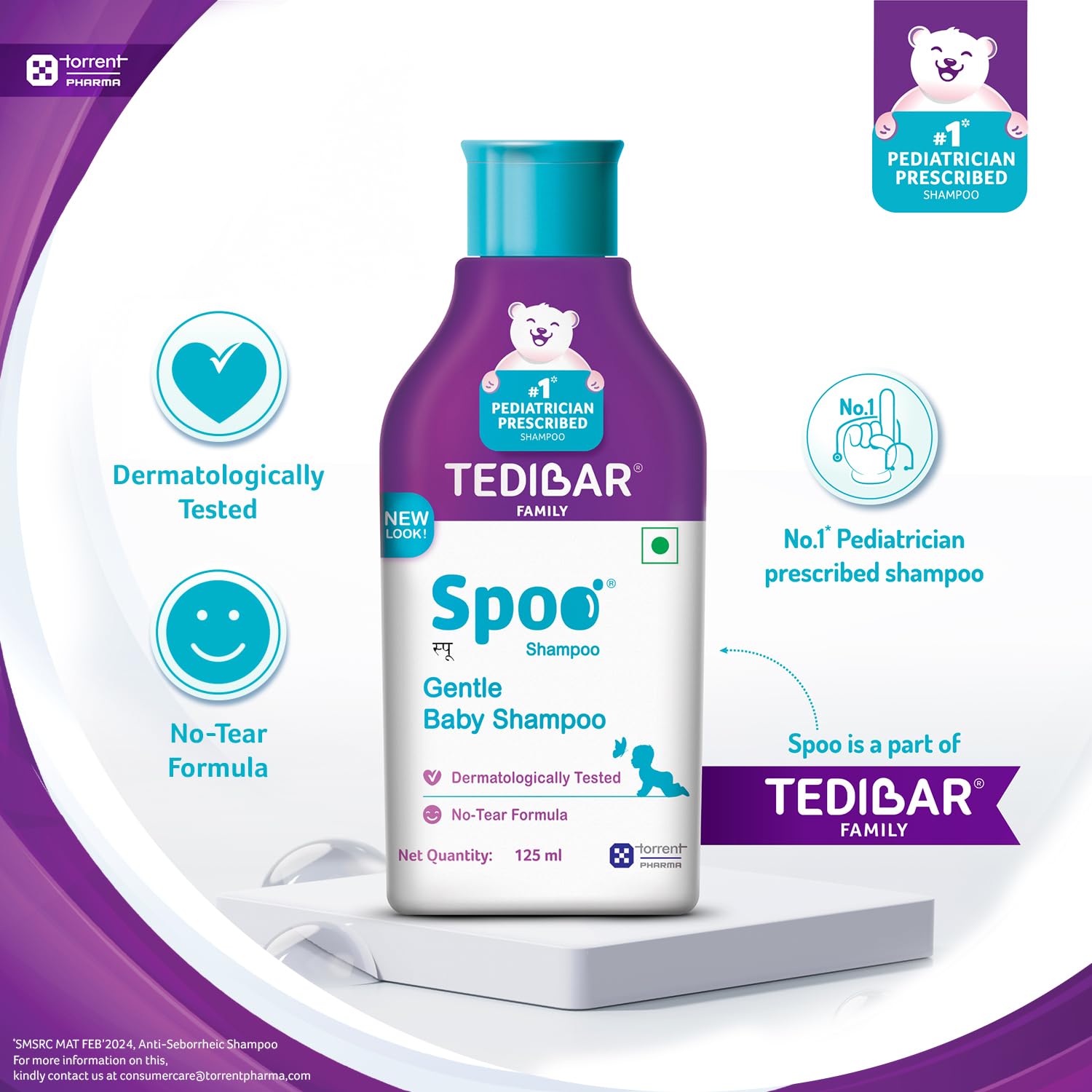 Spoo No-Tear Formula baby shampoo 125ml from Tedibar Family + Tedibar Moisturising Baby Bathing Bar 75g - By Torrent Pharma