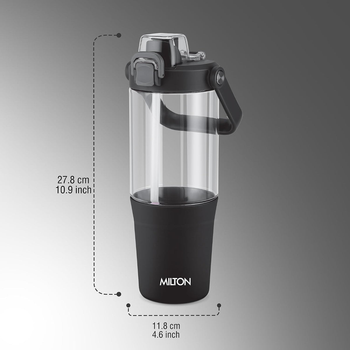 MILTON Summit 1200 2-in-1 Sip or Gulp Lid Tumbler 1200 ml | Plastic Water Bottle with Sturdy Handle & Straw | Leak-Proof, BPA-Free | Perfect for Office, Gym, Travel Tumbler for Men and Women, Black