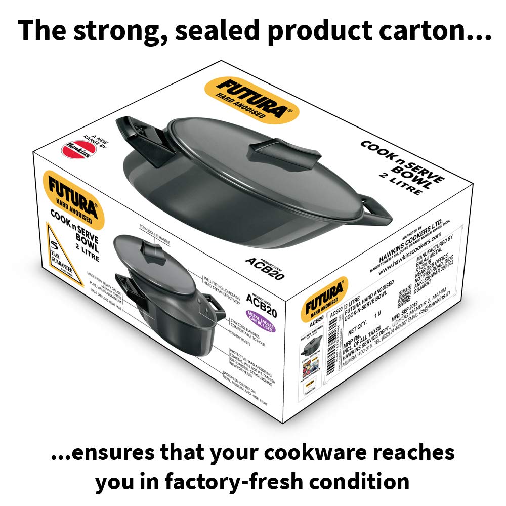 Hawkins Futura 2 Litre Cook n Serve Bowl, Hard Anodised Saucepan with Hard Anodised Lid, Sauce Pan for Cooking and Serving, Black (ACB20), Aluminium