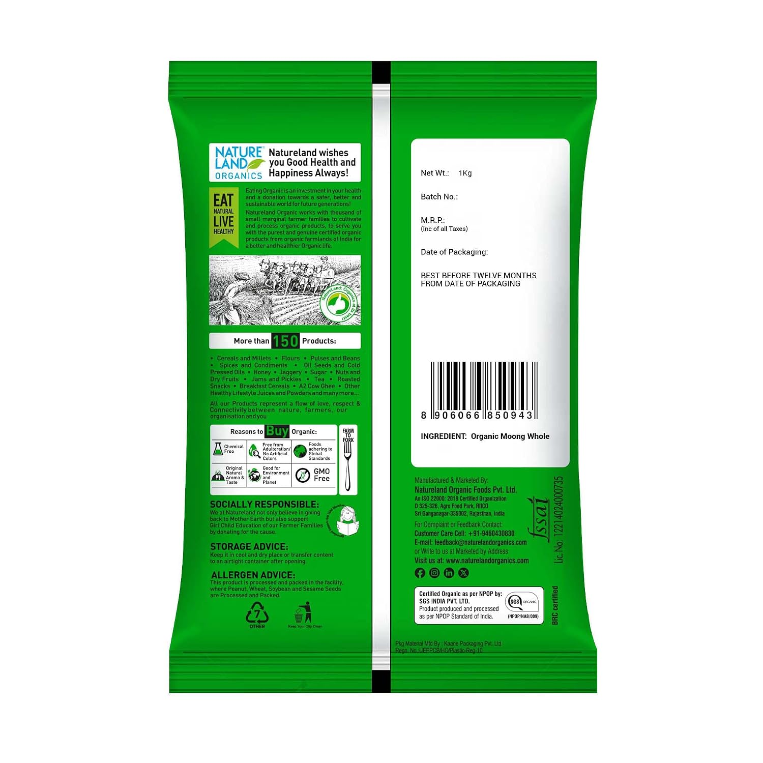 Natureland Organics Moong Sabut/Whole Daal 1 Kg - Organic Healthy Pulses