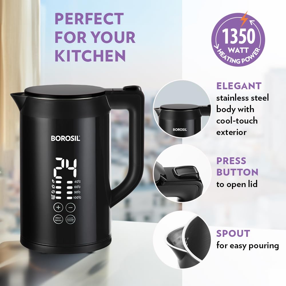 Borosil Cooltouch 1.5L 1350W Digital Electric Kettle | Temprature Display, Double Wall, Keep Warm Function with Wide Mouth | Can make Tea, Noodles, Soup, Boiled Eggs, Vegetable etc. | 2 years Warranty
