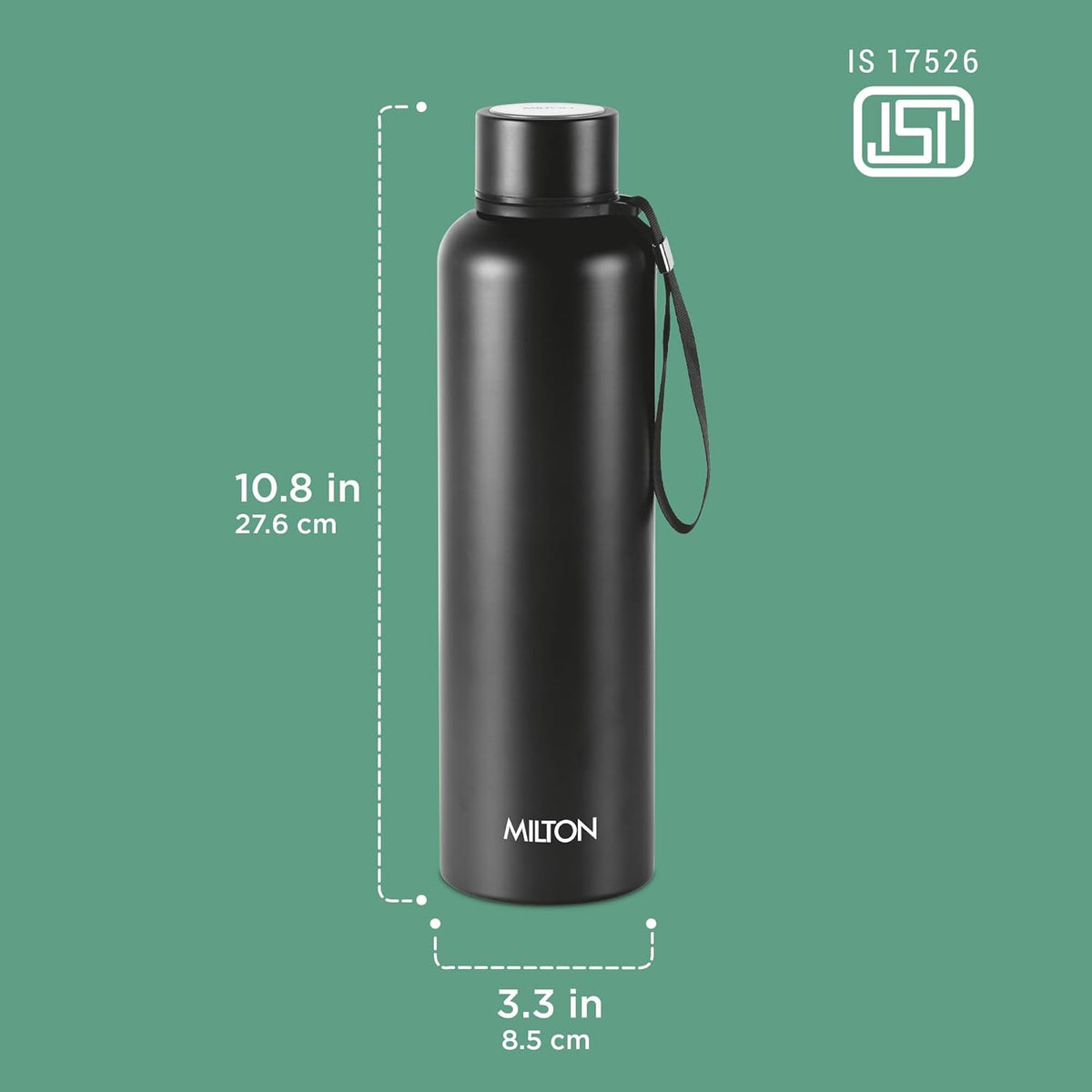 Milton Aura 1000 Thermosteel Water Bottle, 24 Hr Hot and Cold I Leak Proof Lid, ISI Certified I Vacuum Insulated I for Office, Gym, School I Black