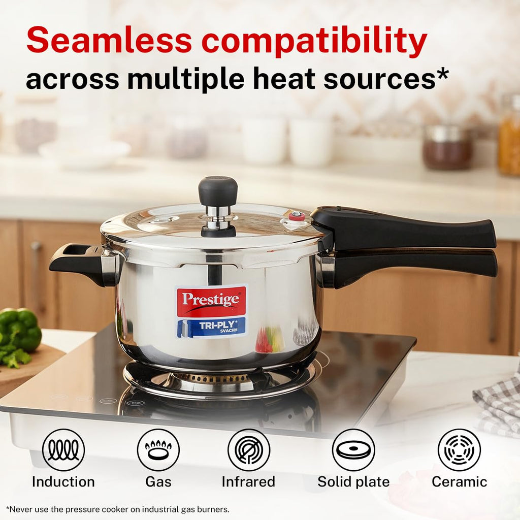 Prestige 5L+3L Triply Svachh Outer Lid Pressure Cooker Combi with 2 Lids|Gas & Induction Compatible|Deep lid for spillage control|Triply body for even heat distribution|5 Years Warranty|ISI Certified