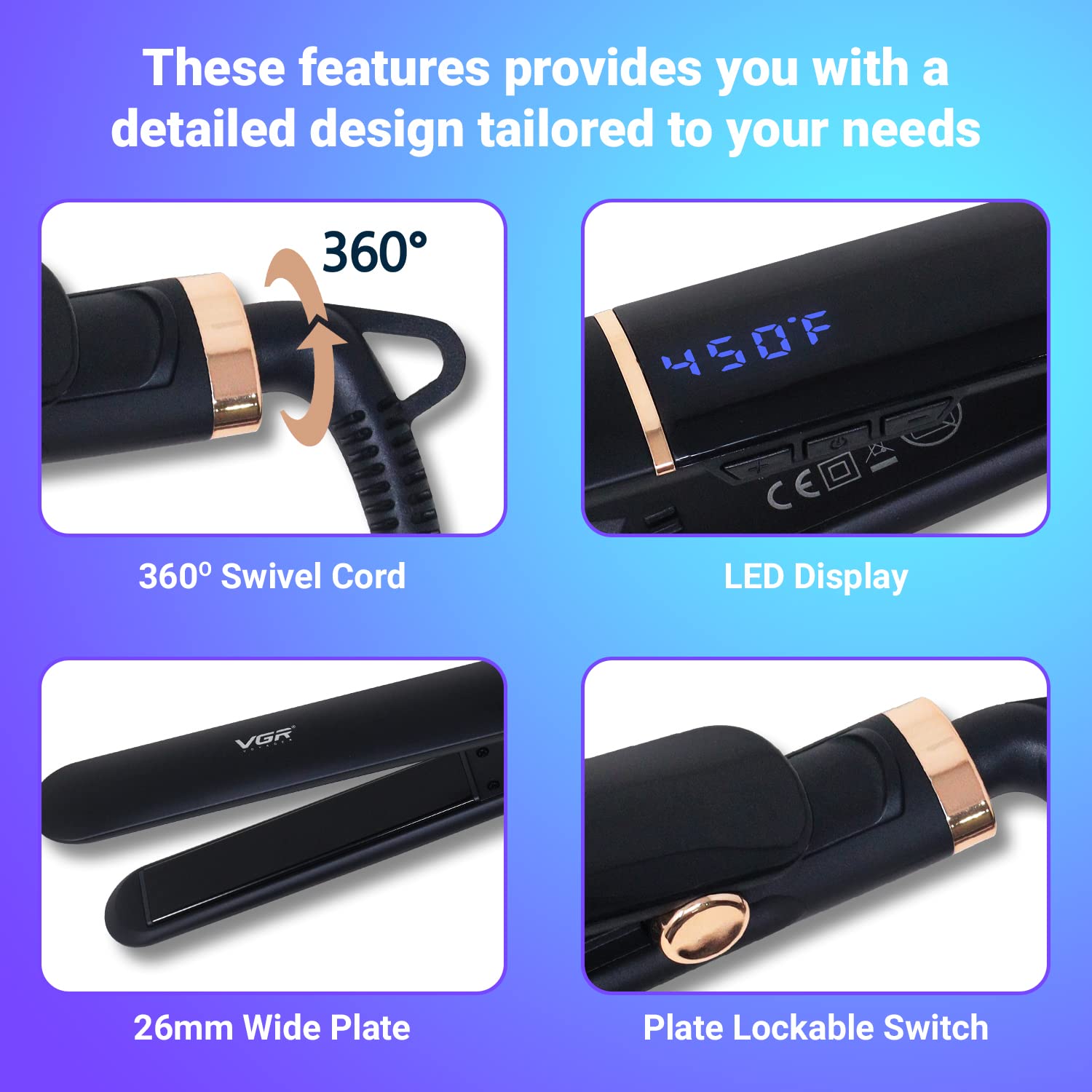 VGR V-515 Professional Hair Straightener with 7 Temperature settings & Uniform Heat Technology (Black)