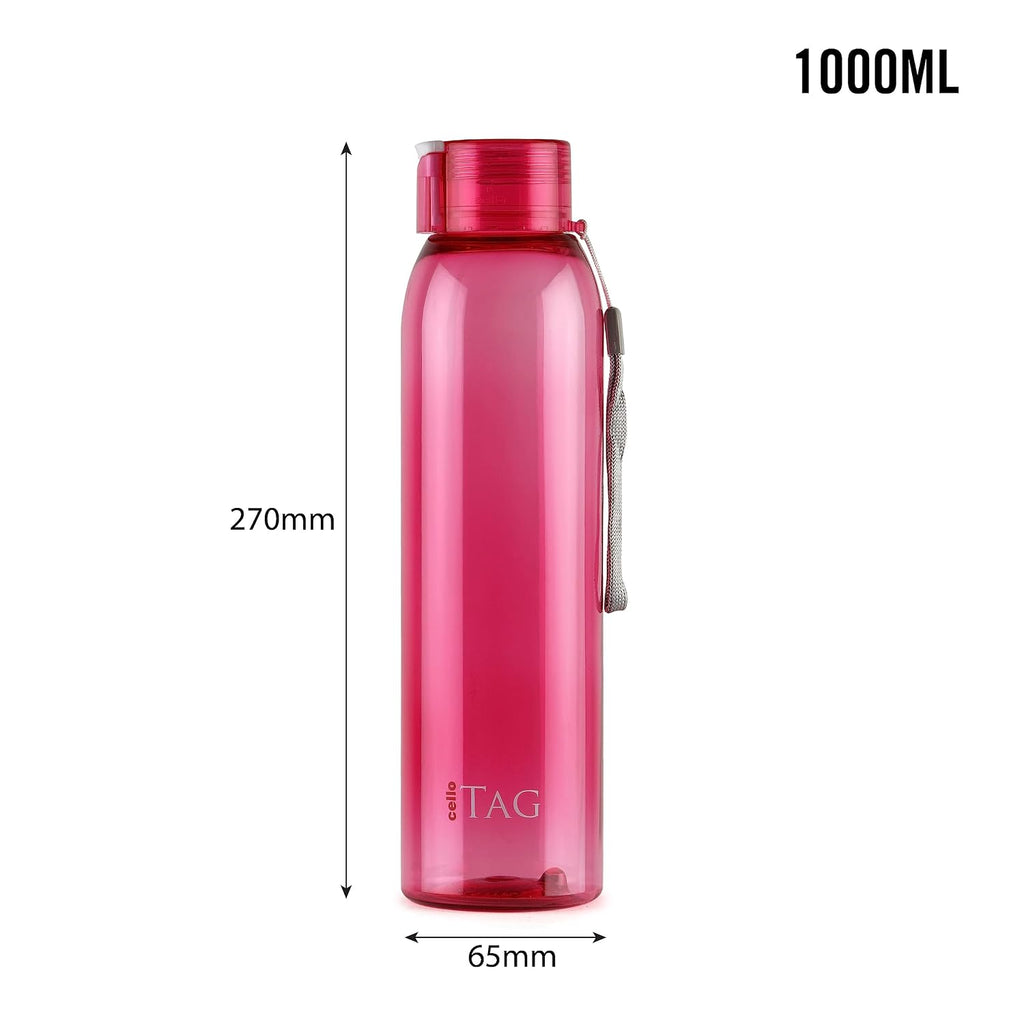 CELLO My Tag PET Water Bottle | 100% food grade | Leak proof and Break proof | Set of 3-1000ml | Pink