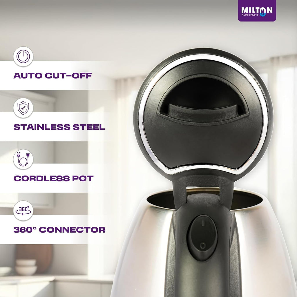 Milton Rapid Electric Kettle 1.8L | 1500 Watts | Stainless Steel Hot Water portable Electric Kettle for Home, Office | Auto Shut-Off with Wide Mouth | Cool-touch Handle and Single-Touch Lid Lock