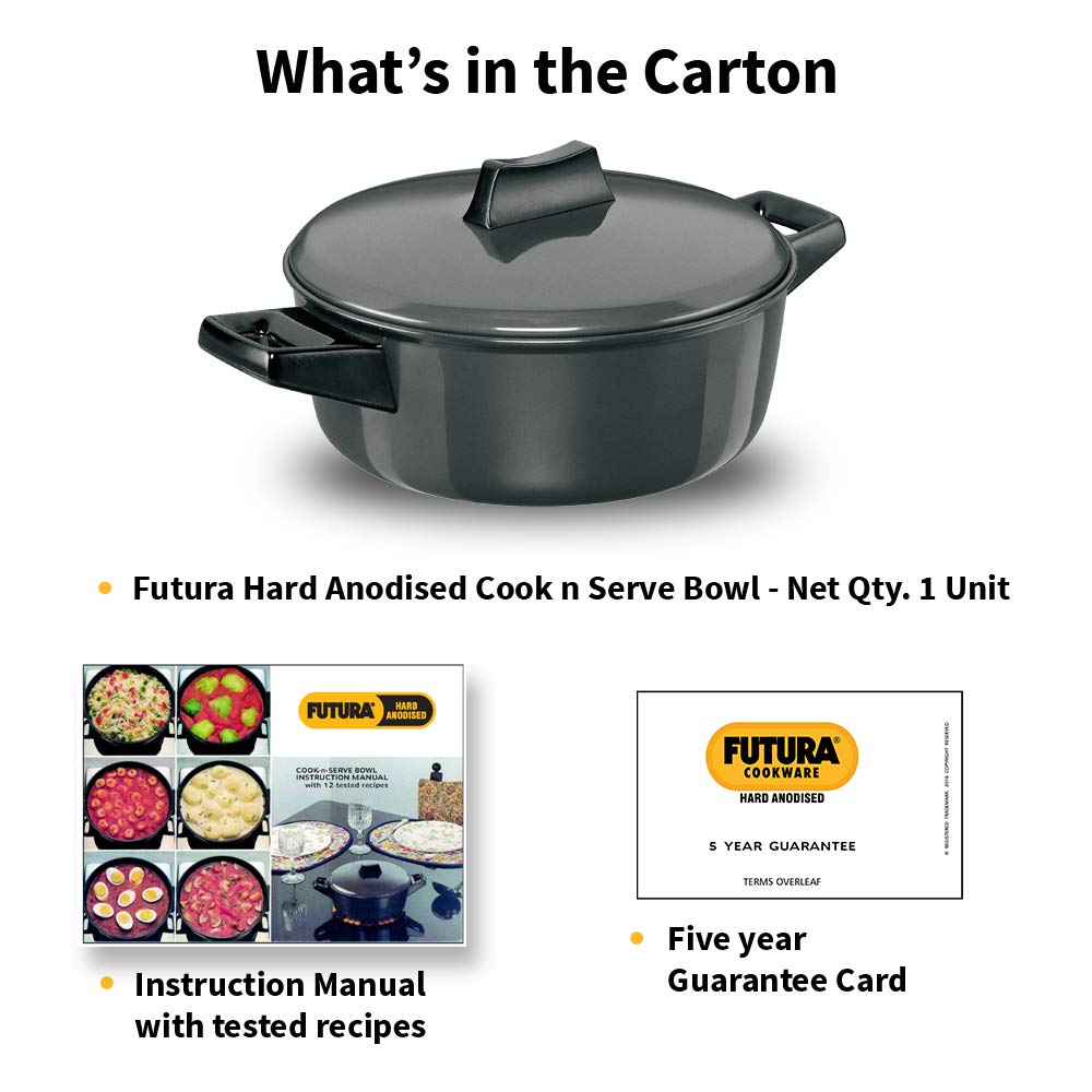 Hawkins Futura 2 Litre Cook n Serve Bowl, Hard Anodised Saucepan with Hard Anodised Lid, Sauce Pan for Cooking and Serving, Black (ACB20), Aluminium
