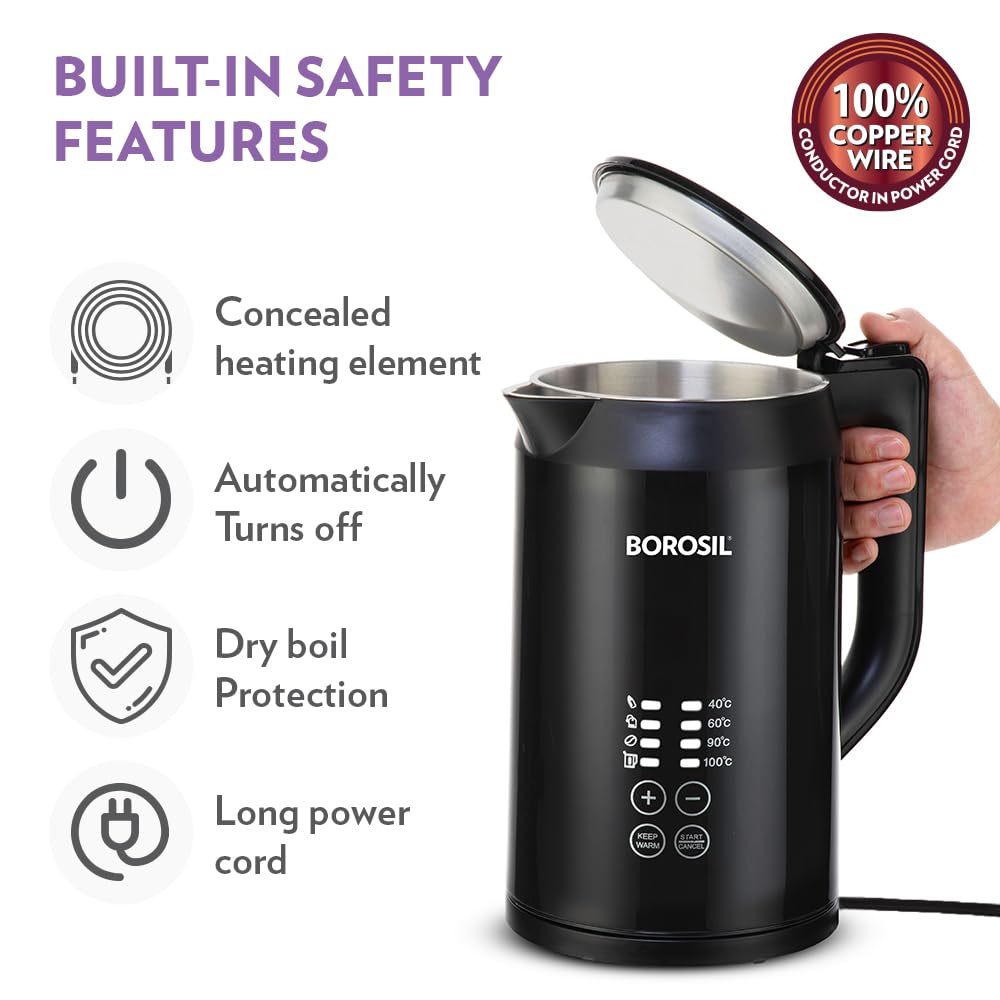 Borosil Cooltouch 1.5L 1350W Digital Electric Kettle | Temprature Display, Double Wall, Keep Warm Function with Wide Mouth | Can make Tea, Noodles, Soup, Boiled Eggs, Vegetable etc. | 2 years Warranty