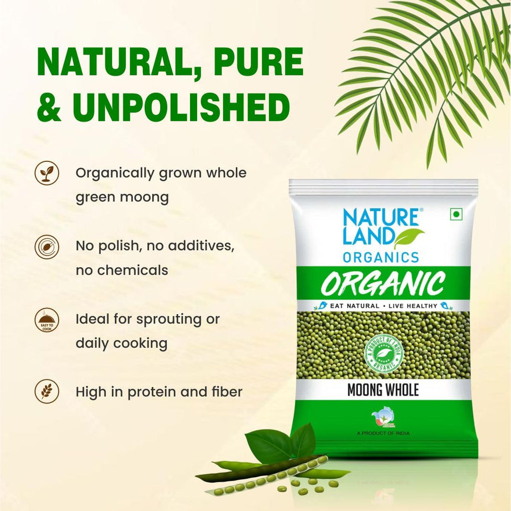 Natureland Organics Moong Sabut/Whole Daal 1 Kg - Organic Healthy Pulses