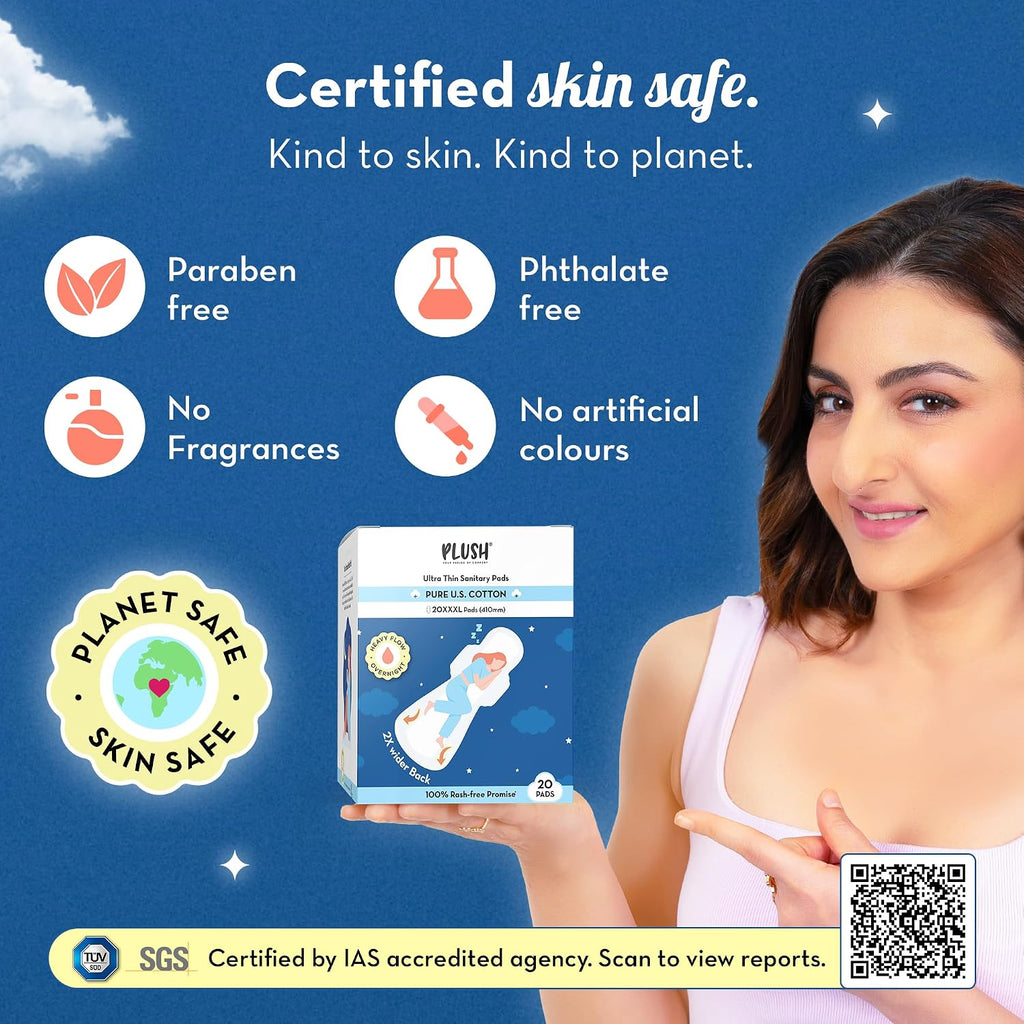 Plush Ultra-Thin 20 XXXL All Night Sanitary Pads For Women (410mm)| Super Absorbent, Heavy Flow & Rash Free | Pure U.S. Cotton Sanitary Napkins With Free Disposable Pouch | Toxin & Fragrance-free