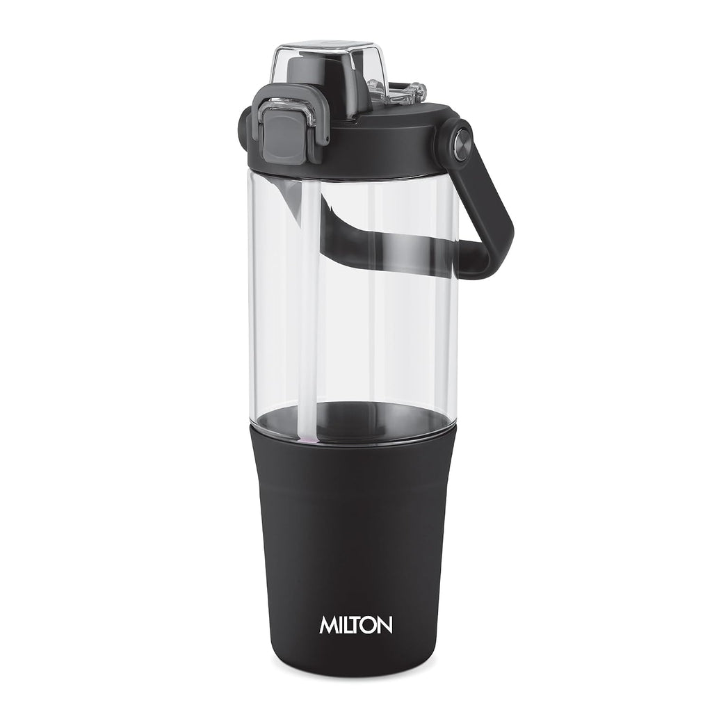 MILTON Summit 1200 2-in-1 Sip or Gulp Lid Tumbler 1200 ml | Plastic Water Bottle with Sturdy Handle & Straw | Leak-Proof, BPA-Free | Perfect for Office, Gym, Travel Tumbler for Men and Women, Black