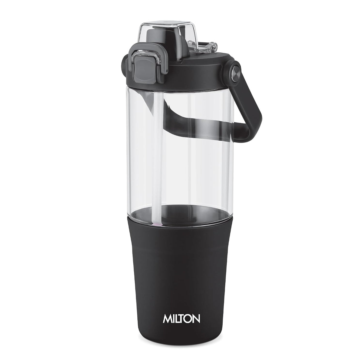 MILTON Summit 1200 2-in-1 Sip or Gulp Lid Tumbler 1200 ml | Plastic Water Bottle with Sturdy Handle & Straw | Leak-Proof, BPA-Free | Perfect for Office, Gym, Travel Tumbler for Men and Women, Black