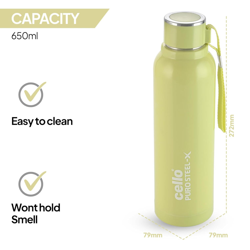 Cello Puro Steel-X Benz 900 PU Insulated Water Bottle 650 ml Green | BPA Free, Leakproof, ISI Certified |Hot & Cold Bottle for Gym, Office, College, Travel, Camping, Indoor & Outdoor Sports & Yoga