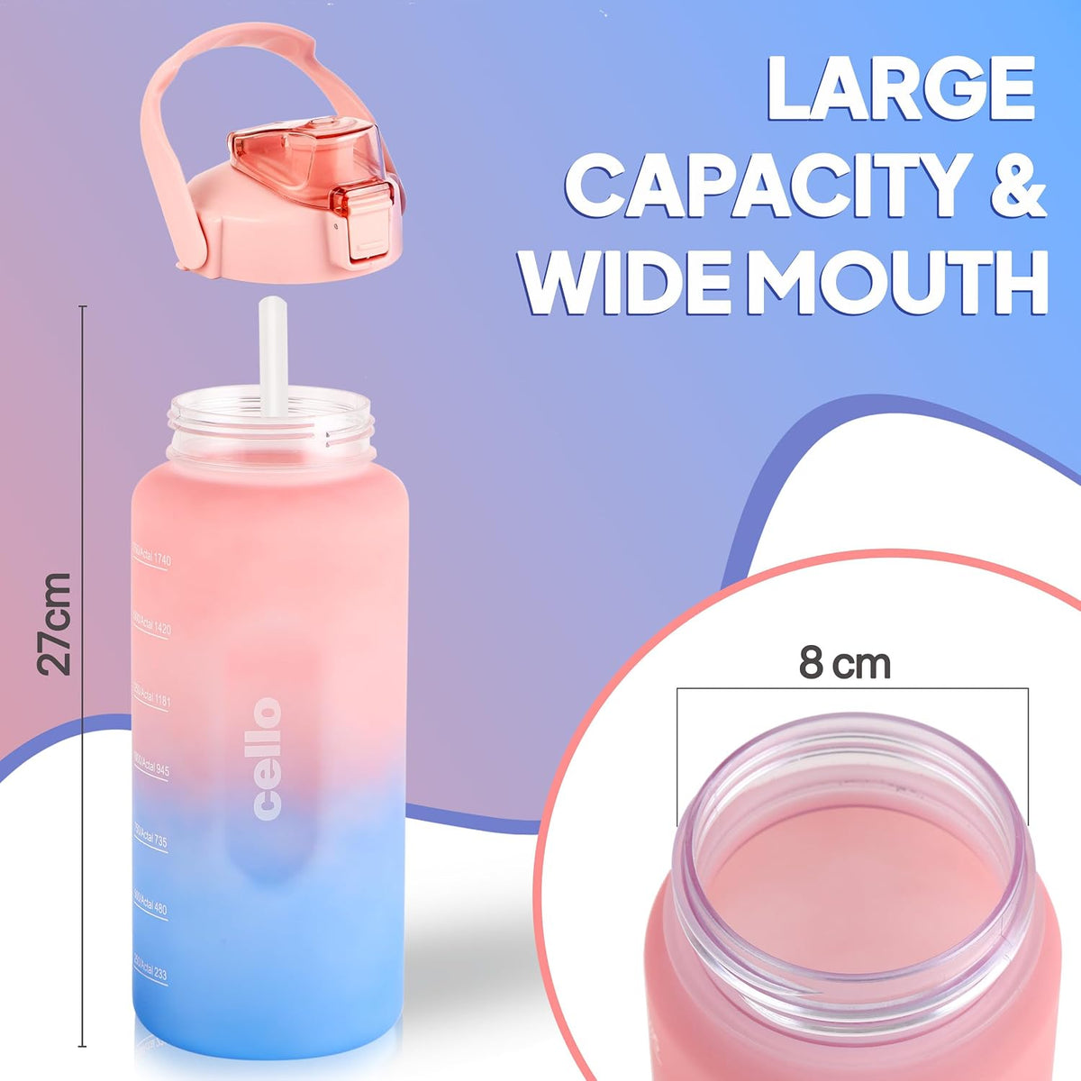 CELLO All Day Set of 3 Pieces Water Bottles Daily Use, Pink (310ml, 790ml, 2085ml) | BPA Free Leakproof Lightweight Easy to Carry Different Sizes Water Bottle For School, Workout, Gym & Office
