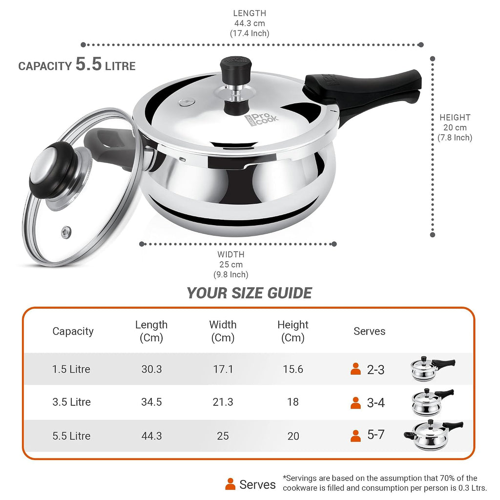 Milton Pro Cook Induction Cookware & Gas Stove Friendly Triply Stainless Steel Curve Pressure Cooker 1.5 Litre With Dual Lid | Outer Lid & Glass Lid | Gasket Release System | 5 Year Warranty | Silver