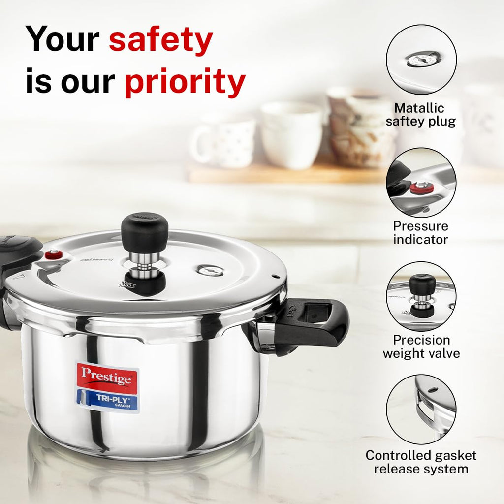 Prestige 5L+3L Triply Svachh Outer Lid Pressure Cooker Combi with 2 Lids|Gas & Induction Compatible|Deep lid for spillage control|Triply body for even heat distribution|5 Years Warranty|ISI Certified