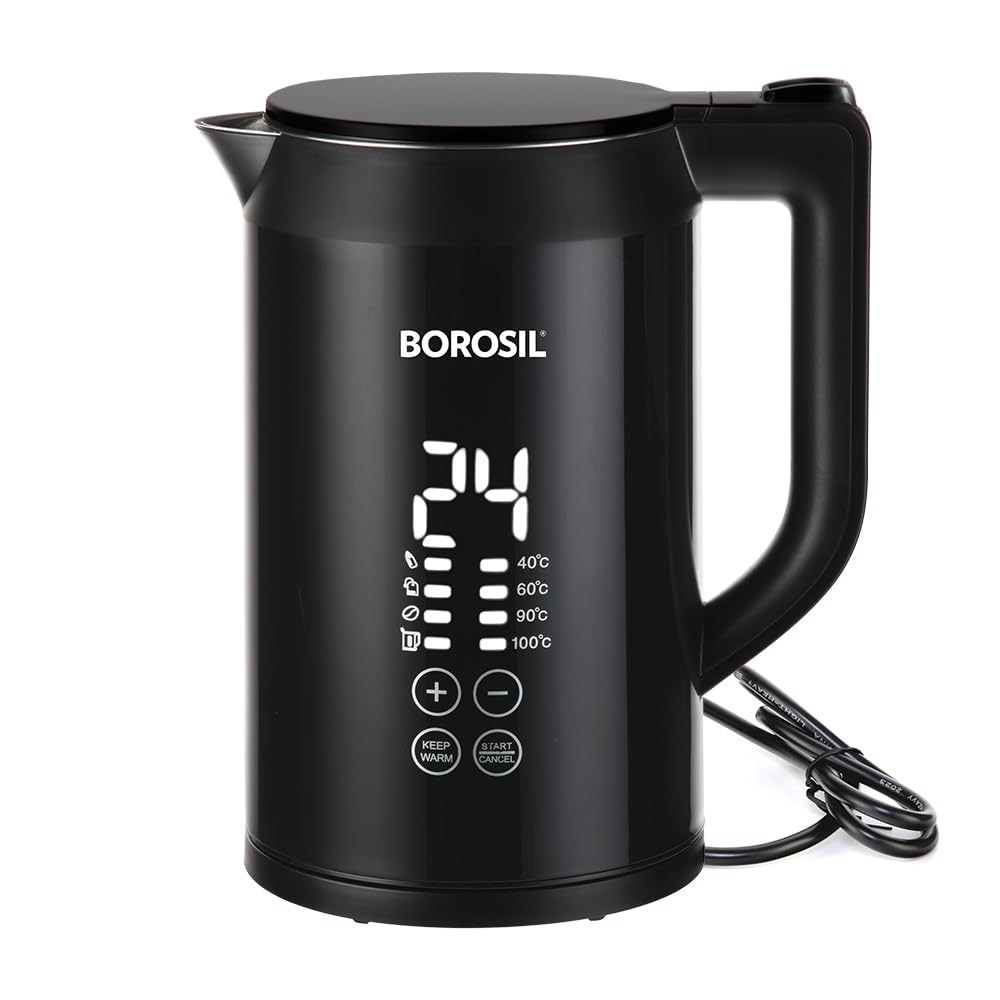 Borosil Cooltouch 1.5L 1350W Digital Electric Kettle | Temprature Display, Double Wall, Keep Warm Function with Wide Mouth | Can make Tea, Noodles, Soup, Boiled Eggs, Vegetable etc. | 2 years Warranty