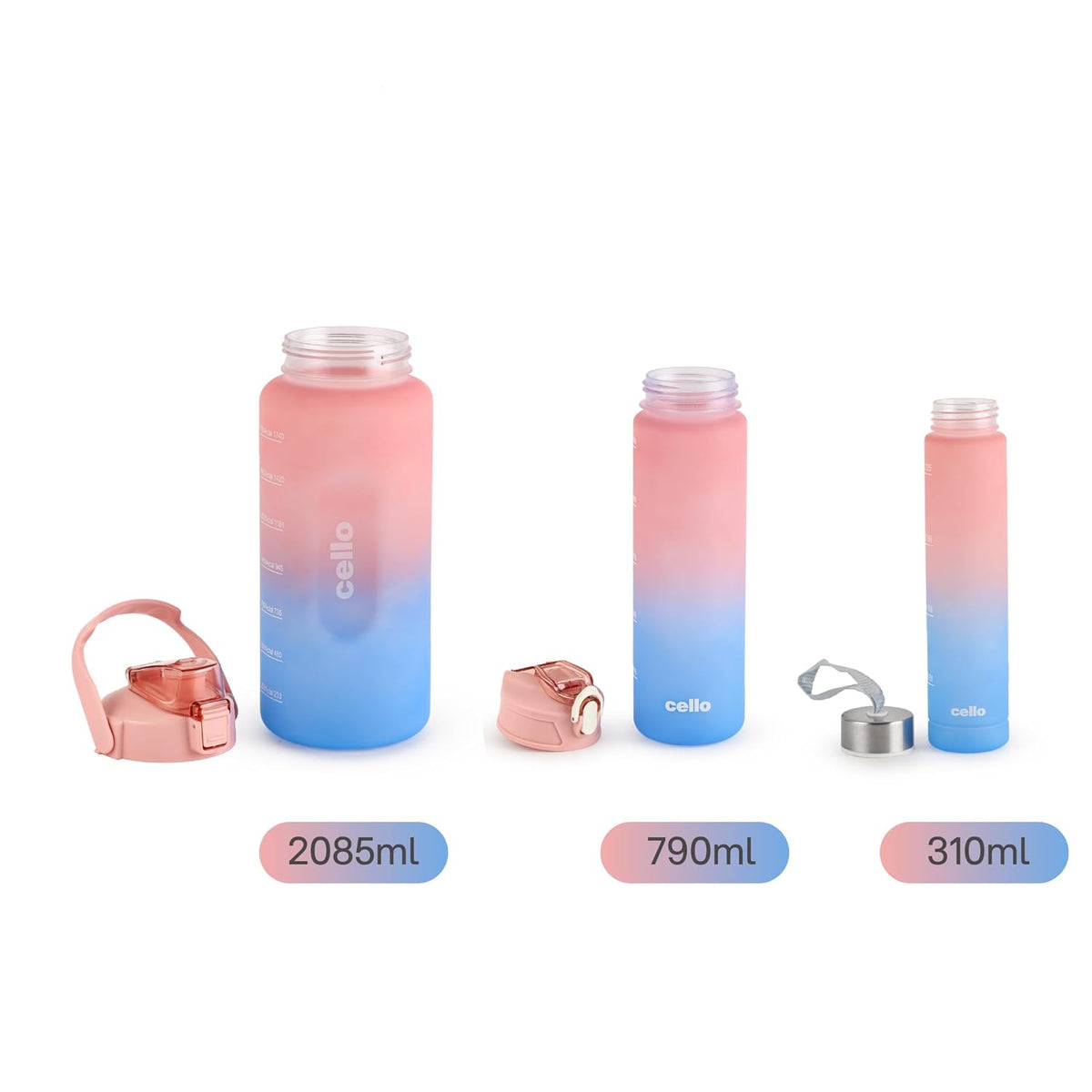 CELLO All Day Set of 3 Pieces Water Bottles Daily Use, Pink (310ml, 790ml, 2085ml) | BPA Free Leakproof Lightweight Easy to Carry Different Sizes Water Bottle For School, Workout, Gym & Office