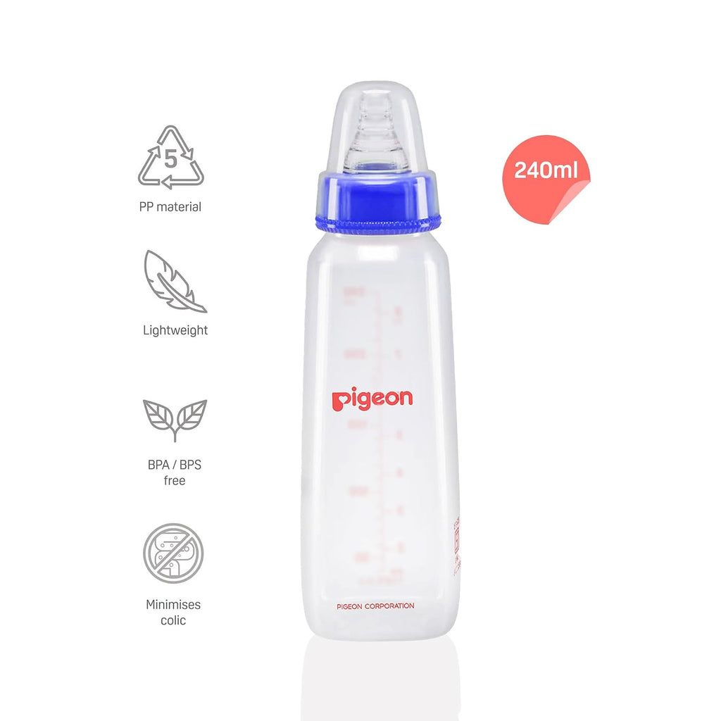 Pigeon Flexible Baby Feeding Bottle | Japan's No.1 Brand | Ideal for 12+ Month Babies | BPA Free| BPS Free | Uniquely Designed Nipple Releases Milk only When Baby Drinks | Blue Colour | 240 ml