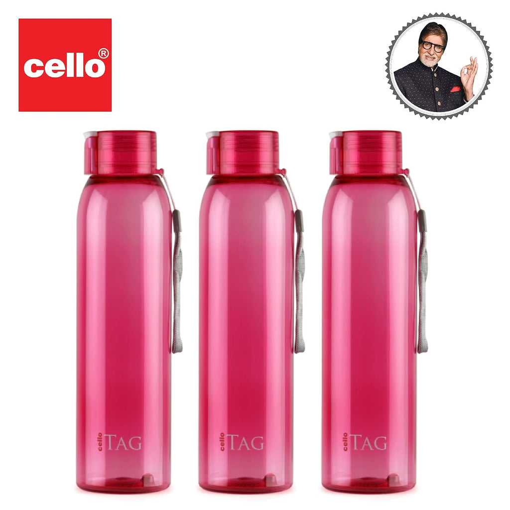 CELLO My Tag PET Water Bottle | 100% food grade | Leak proof and Break proof | Set of 3-1000ml | Pink