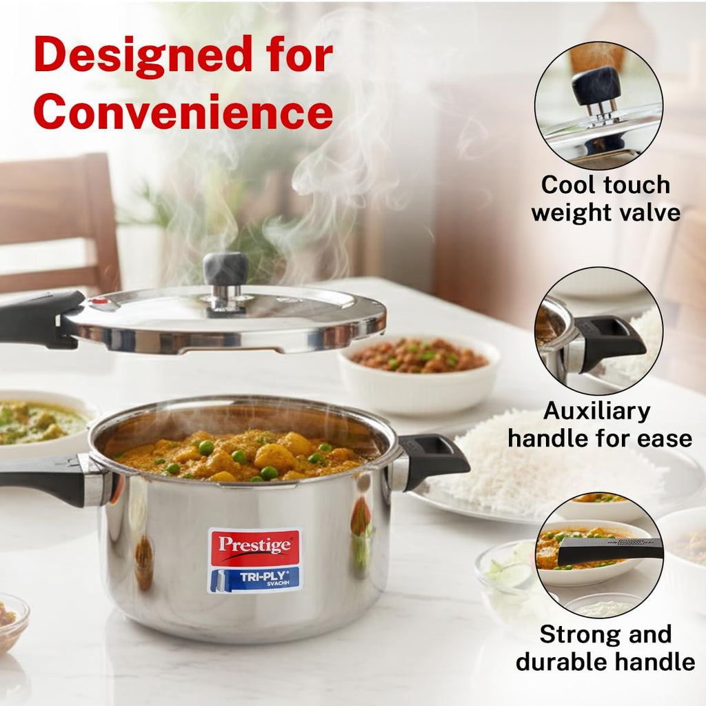 Prestige 5L+3L Triply Svachh Outer Lid Pressure Cooker Combi with 2 Lids|Gas & Induction Compatible|Deep lid for spillage control|Triply body for even heat distribution|5 Years Warranty|ISI Certified