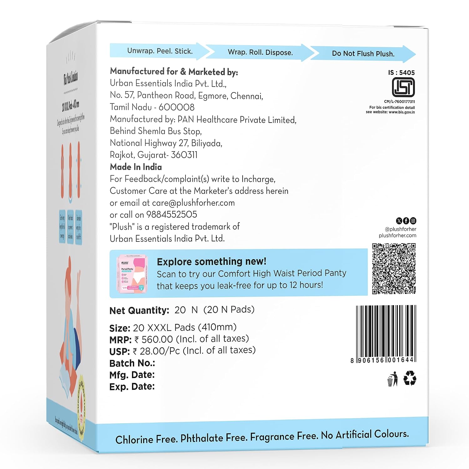 Plush Ultra-Thin 20 XXXL All Night Sanitary Pads For Women (410mm)| Super Absorbent, Heavy Flow & Rash Free | Pure U.S. Cotton Sanitary Napkins With Free Disposable Pouch | Toxin & Fragrance-free