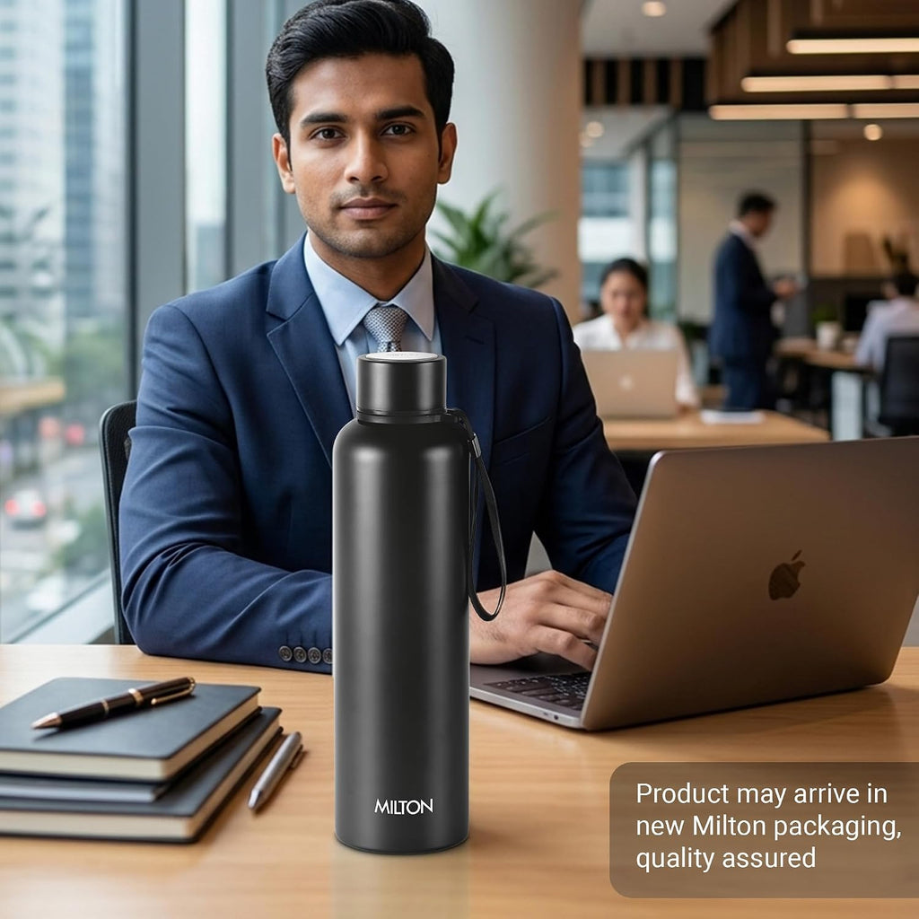 Milton Aura 1000 Thermosteel Water Bottle, 24 Hr Hot and Cold I Leak Proof Lid, ISI Certified I Vacuum Insulated I for Office, Gym, School I Black