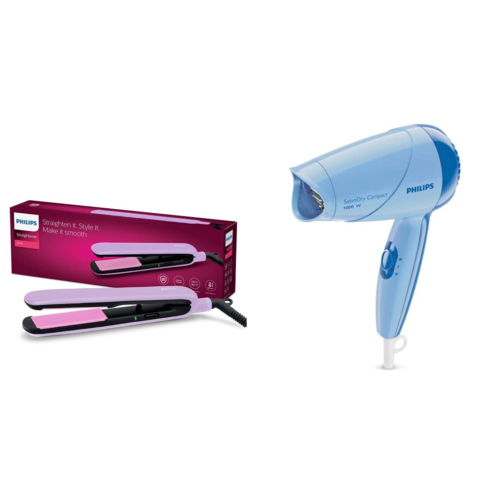 Philips Bhs393/40 Straightener With Silkprotect Technology. Straighten, Curl, Suitable For All Hair Types, Lavender & Hp8100/60 Hair Dryer (Blue) - 1000 Watts