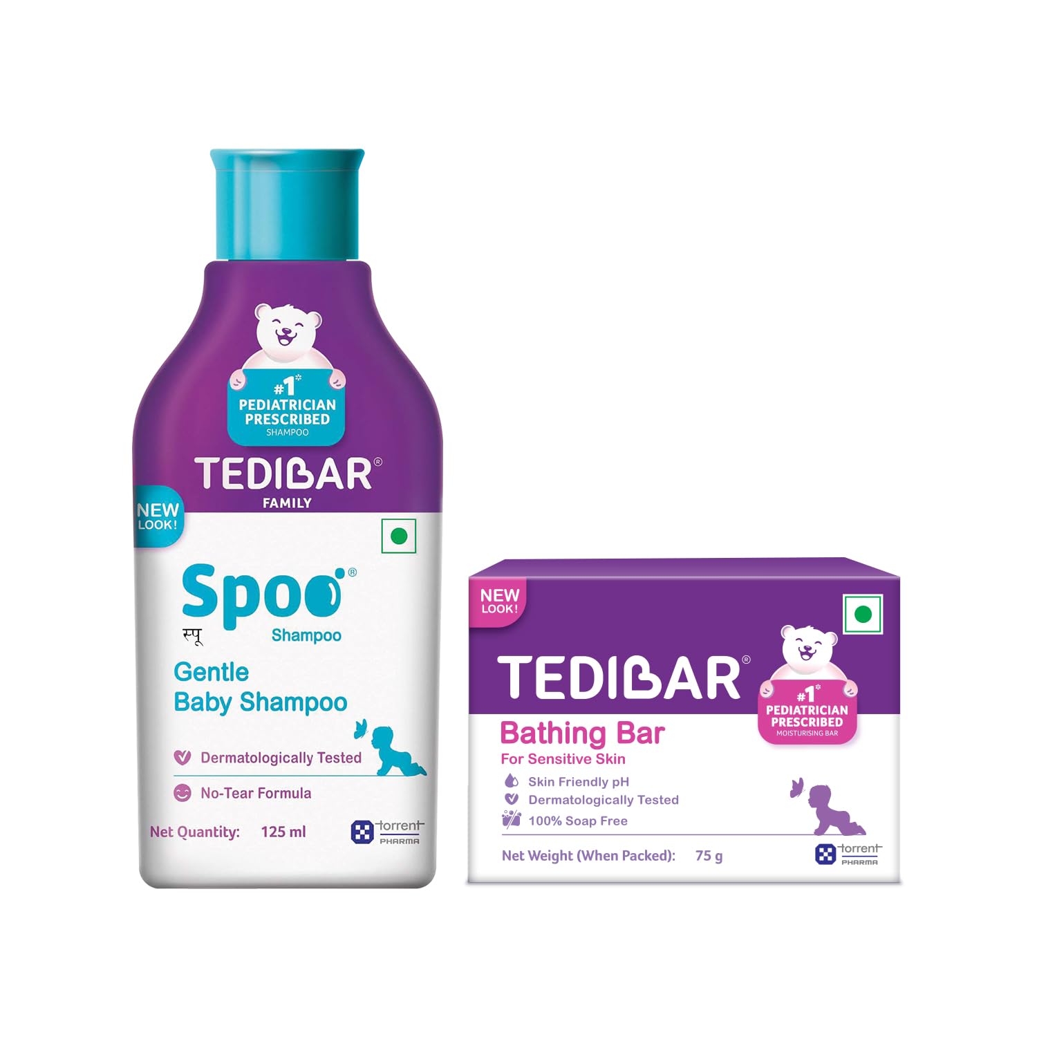 Spoo No-Tear Formula baby shampoo 125ml from Tedibar Family + Tedibar Moisturising Baby Bathing Bar 75g - By Torrent Pharma