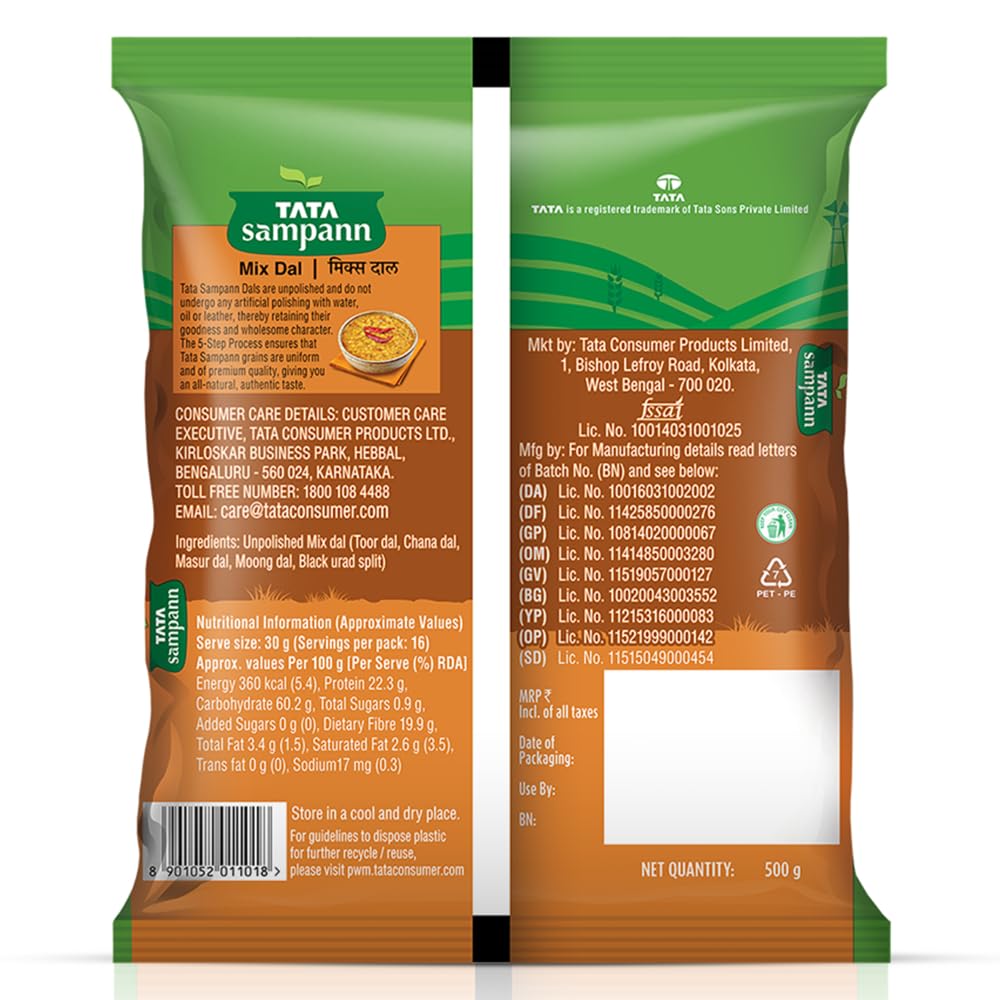 Tata Sampann Unpolished Mix Dal, 500g, Select Grains, Mix Of 5 Lentils