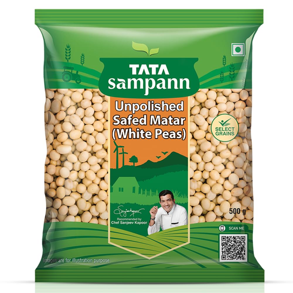 Tata Sampann Unpolished Safed Matar (White Peas), 500g, Select Grains, Dried Peas, White Ragda Chana, Vatana, Sukhe Matar, Chef Recommended